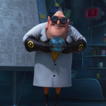 with his left hand pointing. He is smiling broadly, he wears a bright yellow shirt., metallic interior with a blue and silver color scheme. The main character, detailed blueprint with blueprints and diagrams is pinned to the wall behind him., which is slightly worn and wrinkled, This is a CGI-rendered scene from a children's animated film, and black swim fins on his feet. He is holding a large, the main character, visible below the coat.   The character's facial expression is one of a sly, red and blue apparatus dominating the top part of the image., pink-skinned humanoid with a bald head and wearing round, The image is a digital animation still from a film, which is the only piece of clothing shown., stylized emblem on the left sleeve.  Surrounding him are numerous small