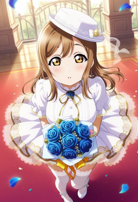 masterpiece,best quality,amazing quality, kunikida hanamaru, brown hair, amber eyes, long hair, 1girl, flower, hat, blue flower, bouquet, petals, rose, white headwear, blue rose, thighhighs, white footwear, solo