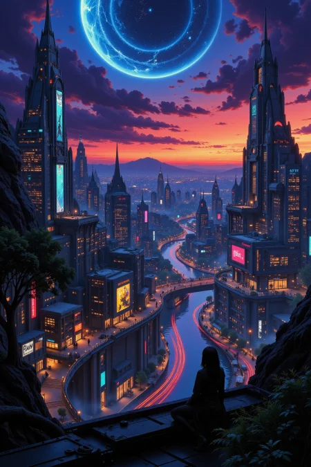 a futuristic sci-fi fantastic cyberpunk city beautiful  landscape, dusk, woman, very intricate, very detailed, sharp, bright, colorful, <lora:Hand v2:0.5> <lora:Anti-Blur:1><lora:Insane Detail Slider:0.25>  <lora:flux.1_lora_flyway_Epic-detail_v2:0.3> <lora:fluxenhancer:0.25> <lora:Anime_style:0.6> anime style