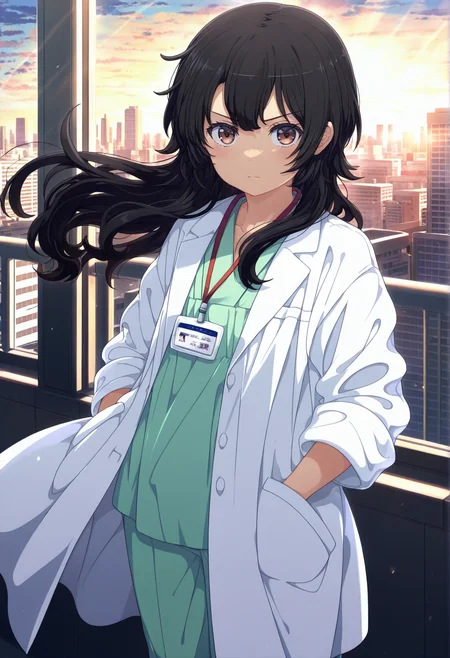 masterpiece, best quality,  absurdres, highres, cinematic light, 1girl,  <lora:takao_ameku:1> takao_wz, long hair, black hair, brown eyes, lab coat, white coat, green medical scrubs, green capri pants, lanyard, id card, standing, looking at viewer, serious, cityscape, day, hands in pockets, wind, floating hair, floating clothes, building, sunlight, sidelighting, ogipote,