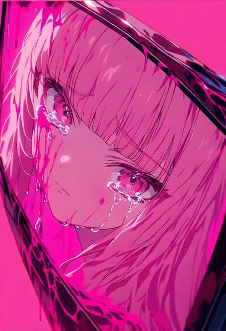 did vaporwave style, 1girl, solo, television, pink theme, pink background, long hair, dripping, looking at viewer, blunt bangs, simple background, upper body, pink eyes, crying, tears, crying with eyes open, closed mouth, liquid, pink blood, , cinematic lighting, cinematic angle, official art, best quality, masterpiece