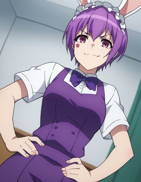 score_9, score_8_up, score_7_up, source_anime, <lora:naruha-sakuragi-acc1-ponyxl-lora-nochekaiser:1>, naruha sakuragi, short hair, purple eyes, purple hair,, shirt, bow, tail, short sleeves, bowtie, maid headdress, rabbit tail,, indoors, smug, smile, looking at viewer, solo, hands on hips,, cowboy shot, dutch angle