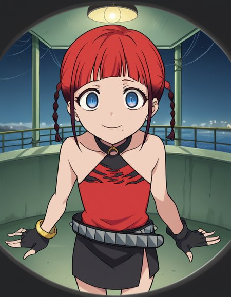 score_9, score_8_up, score_7_up, source_anime, <lora:chise-asukagawa-s1-ponyxl-lora-nochekaiser:1>, chise asukagawa, short hair, blue eyes, braid, red hair, multicolored hair, mole, twin braids, gradient hair, mole under mouth, anime screencap,, skirt, gloves, bare shoulders, jewelry, belt, fingerless gloves, bracelet, sleeveless, red shirt, black skirt,, drydock, repair, ships, water, construction, , <lora:pov-peephole-ponyxl-lora-nochekaiser:1> pov peephole, peephole, fisheye, round border, peeking, voyeurism, apartment, yandere, horror (theme), yandere, flourescent lamp,smile, evil smile, blank eyes,, cowboy shot,, looking at viewer, solo,, dutch angle, cowboy shot