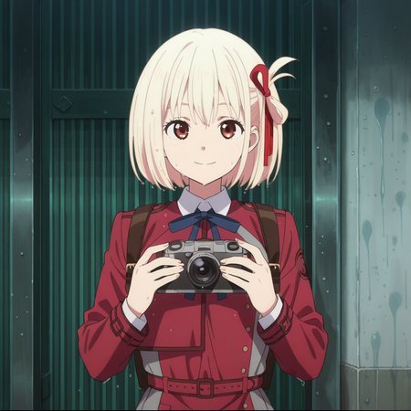 nsfw, masterpiece,best quality,amazing quality,1girl, solo, lycoris_recoil_chisato_nishikigi, blonde hair, lycoris uniform, wet, red ribbon, red eyes, ribbon, hair ribbon,short hair, bangs, red dress, two-tone dress, holding camera, dress, bob cut, smile,  looking at viewer, grey dress, neck ribbon, anime coloring,  shirt, white shirt, long sleeves, collared shirt, blue ribbon, <lora:Chisato_Nishikigi_-_Lycoris_Recoil:0.7>