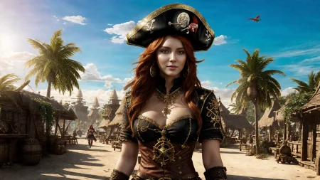 (young redhead pirate woman), (cinematic portrait), sharp focus, (ultradetailed), (standing), (happy) smile, pirate (ship galleon),  (parrot:1.4), , gold medallion, colorpirate clothes, pirate hat, hips, pirate (village), leafy beach coast, (treasure chest with coins and jewels:1.3), rum barrel, best quality masterpiece,  bright sunny sky, backlight, cinematic lights, high contrast, hdr, shadows, pretty, beautiful, feminine, sexy, adorable, lovely, in love, PirateDiffusionprt,  <lora:Pirate:0.3>  PrateT  <lora:PirateRealms:0.3> <lora:Detail Tweaker LoRA add_detail:0.5> <lora:depth_of_field_slider_v1:5> <lora:SDXLrender_v2.0:0.9>