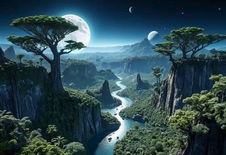 lush alien world,giant trees,aerial view,moon in low orbit,highly detailed,photorealistic,beautiful,