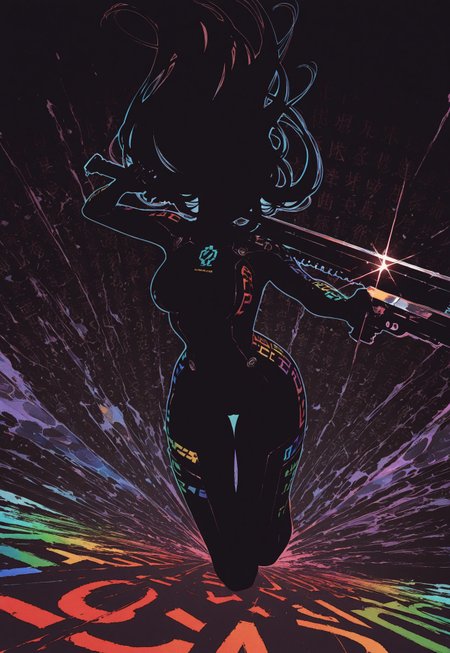 1girl, solo, long hair, medium breasts, [dual wielding], gun, sword, foreshortening, action, faceless, glint, incoming attack,
(blending), black silhouette, black hair, number print bodysuit, colored outline, number print skin,
rainbow order, number print, number pattern, print background, full composition,
(black background), yadu nadu, moshimoshibe, questionable,
best quality, absurdres, very aesthetic, [dynamic pose]