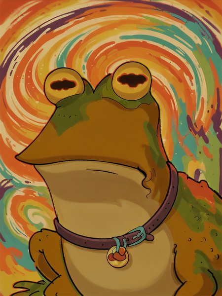 score_9, score_8_up, score_7_up, score_6_up, score_5_up,   <lora:ALL_GLORY_TO_THE_HYPNOTOAD:1> hypnotoad, no humans, solo, animal focus, frog, collar, colorful