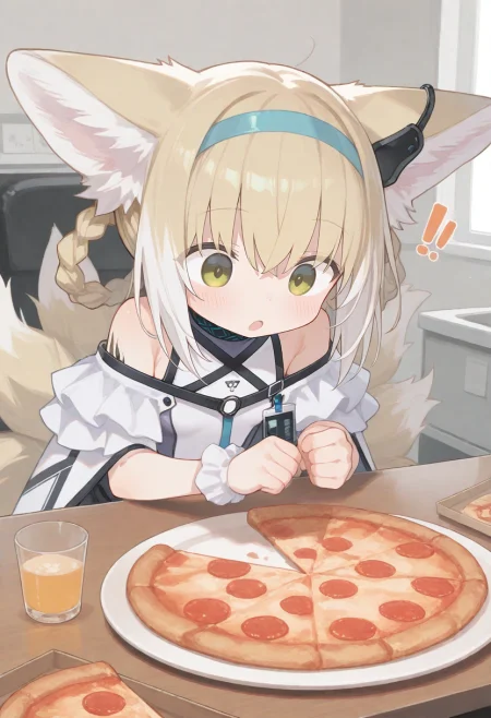 1girl, suzuran (arknights), pizza, !!, !, palm-fist tap, 
(zankuro:0.2), wagashi \(dagashiya\), chen bin, very awa, very aesthetic, masterpiece, best quality, amazing quality, absurdres  <lora:ponyv6_noobV1_2_adamW:0.5> <lora:n_XLNBVP1lokrV6311P:0.2> <lora:748cmXLNBVP1lokrV6311PZ:0.2> <lora:ricotte2:0.2>