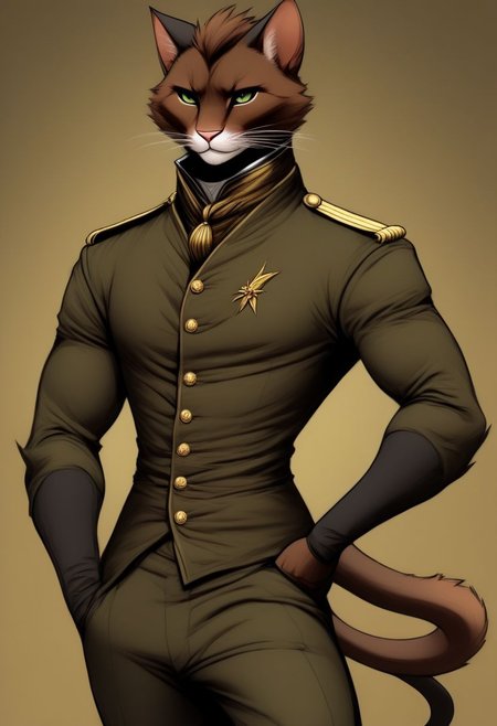 Fit, sleek, tabaxi, male, army uniform, dancer, elegant, leader, calm, dark brown fur, sleek tail, thin tail