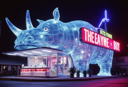 vaporwave style scene of a massive  transparent glass biting Black Rhinoceros shaped novelty architecture building operating as a post office in a crime infested tourist area.  . retro aesthetic, cyberpunk, vibrant, neon colors, vintage 80s and 90s style, highly detailed
