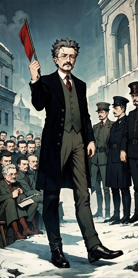 Leon Trotsky in a suit giving a speech during Russian Revolution, 1917 year
