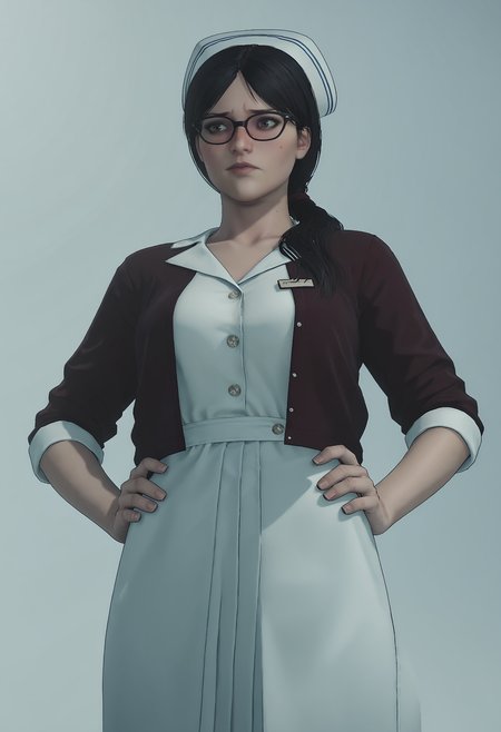 score_9, score_8_up, score_7_up, score_6_up, score_5_up, score_4_up, 1girl, <lora:TatianaGutierrez:0.75> solo, large breasts, long hair, black hair, brown eyes, hair over shoulder, dress, jacket, nurse cap, glasses, nurse, embarrassed, blush, from below, hands on hips,
light blue background, simple background,