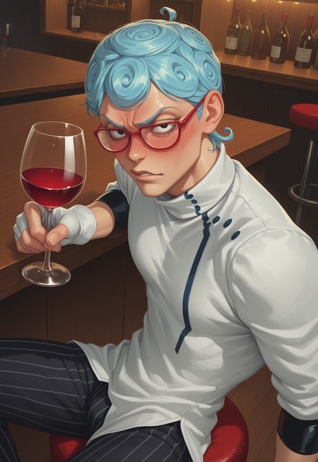 realistic,  anime, masterpiece, best quality, detailed background, 8k, 1boy, solo, Ghiaccio, light blue hair, short hair, curly hair, black eyes, red glasses, shirt collar, white shirt, long-sleeved shirt, fingerless gloves, white gloves, black pants, pinstripe pants, sitting, indoors, bar, barstool, holding wine glass, calm, half body, blushing, drunk, face focus, looking at viewer, turning to viewer, no pose,