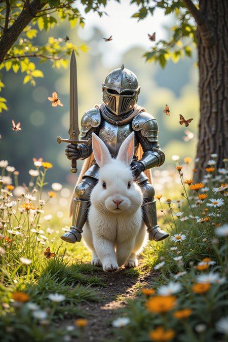 A hyper-realistic portrait, photorealistic photo close-up image of A tiny knight, dressed in shining silver armor that glints in the sunlight, rides atop a fluffy white bunny through a peaceful meadow filled with wildflowers. The knightâs helmet is slightly too big, causing it to tilt to one side, but his tiny sword is held high as he bravely surveys the landscape. The bunny hops along gently, its soft fur brushing against the knightâs armor with each bounce, creating a comical yet adorable sight. Around them, butterflies flit through the air, and birds sing from the branches of nearby trees, adding to the idyllic atmosphere. The knight, despite his small size, exudes a sense of courage and determination, as if ready to take on any challenge that might come their way. The meadow is awash with color, from the vibrant flowers to the lush green grass, making it feel like a perfect day for an adventure. The scene is both charming and whimsical, with the tiny knight and his bunny steed looking like theyâve stepped out of a fairy (photography, high-resolution, dynamic, energetic,hyper-realistic, dramatic lighting, shallow depth of field.), detailmaximizer, MythP0rt<lora:midjourney_whisper_flux_lora_v01:0.55><lora:aidmaMJ6.1-FLUX-V0.1:0.4><lora:FluxMythP0rtr4itStyle:0.4><lora:detailed_flux_ntc:2.2><lora:aidmaImageUpgrader-FLUX-V0.1:0.65>