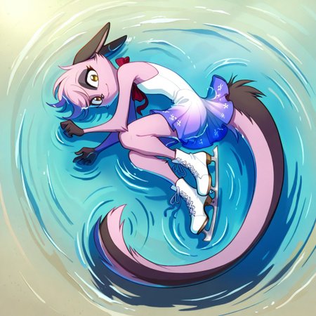 1girl,solo,furry,pink fur,tail,ears,source_furry,
,<lora:Viriathus_Vayu_illustrious:0.8>,
masterpiece, best quality, child, kid, , figure skating dress, short dress, sleeveless, gradient clothes, red bow, water, partially submerged, afloat, shallow water, ripples, lying, on side,  full body, from above,  cross-laced footwear, white footwear, ice skates, looking at viewer, light smile, closed mouth