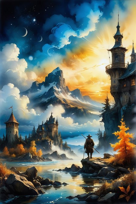 Hyperrealistic dreamscape watercolor painting in 32k resolution, capturing the essence of a masterpiece with hyper-detailed and ultra-realistic elements. This artwork embodies perfect composition and chiaroscuro, reminiscent of Rembrandt's style. It blends fantasy imagery with the concept art brilliance of Jarek Kubicki, Raphael Lacoste, John Pitre, Karine Eibatova, Ralph Blakelock, Julie Bell, Jim Warren, and Aleksey Savrasov. The painting is vibrant and beautiful, showcasing painterly techniques with detailed and textural artistic quality. It exudes a surreal, ethereal, and dreamy atmosphere, mysterious and fantastical, with extremely high-resolution details and photographic realism pushed to the extreme, achieving an incredibly lifelike and fine texture.
hyperrealistic dreamscape watercolor painting, 32k resolution, masterpiece, hyper-detailed, ultra-realistic, perfect composition, chiaroscuro, fantasy imagery, concept art, vibrant, beautiful, painterly, detailed, textural, artistic, surreal, ethereal, dreamy, mysterious, fantasy, highly detailed, extremely high-resolution details, photographic realism, fine texture, incredibly lifelike.
<lora:add-detail-xl:1.0>,
<lora:quality1:1.0>,
<lora:extremely_detailed:1.0>, extremely detailed,
<lora:EldritchMixIllustration_1.1:0.6>,
<lora:watercolor:0.5> watercolor,
<lora:EnvyInkSwirlXL01:0.25> swirling ink,