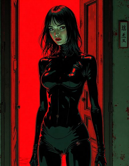 A matrix style illustration of Alien wearing latex in the style of Nisio Isin's Kizumonogatari, artwork by Oh! great and Vofan, bold colours, minimalistic colour scheme, pulp fiction