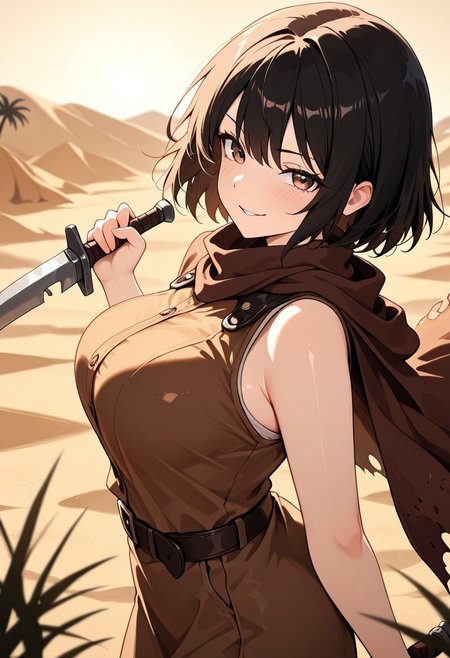 masterpiece, best quality, good quality, very aesthetic, absurdres, newest, 8K, depth of field,  in the style of cknc, artist:moriimee, in the style of cksc, 
1girl, short black hair, messy, brown eyes, large breasts, bouncy, leather bandana, tattered cloak, sandy skin, wielding dagger, smirking, looking at viewer, from side
BREAK
desert oasis, palm trees, sandstorm brewing
BREAK
warm light, golden tones, high contrast, dusty haze, rich details, adventurous vibe