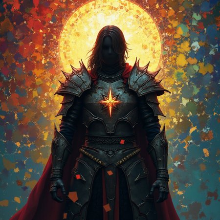 Solaire from dark souls in full armor with sigils. Solaire's armor is partially fractured and shattered like it was glass. The backdrop is composed of different colors transitioning from warm reds and yellows near the center to calming blues and greens toward the periphery. The backdrop is centered behind the subject. The colors are separated by metallic fractures, creating a glowing mosaic effect. The colors of the backdrop are most intense near the center. The backdrop is partially shattered like glass. The subject itself is a stark and gloomy silhouette, contrasting beautifully against the vibrant, light-filled fragments surrounding it. The subject is in focus.