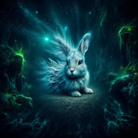 An image of a dystopian jungle at night in Blade Runner style with neon fluorescent dust, a cyberpunk rabbit with reflective skin sits directly centre of image slowly dissolving into space, ral-dissolve.