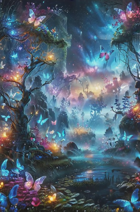 ultra realistic highly very detailed fantasy meadow, trees, grass, very realistic highly very detailed sea of colorful flowers ultra very realistic extremely highly detailed (crystal clear lake:1.6),ultra sharp focus, ultra realistic extremely detailed (colorful butterflies:0.9), ultra realistic extremely very detailed (scenery:1.2), ultra-detailed, (by exquisite colors block),masterpiece,best quality,unreal engine 5 rendering, movie light,movie lens,movie special effects,detailed details,HDR,UHD,32K,CG wallpaper,intricate details (colorful particles:0.8) (colorful flowers:1.4), cinematic angle, magical look, fantasy setting, soft ray of light, glitter background, <lora:add-detail-xl:2.8> , cinematic light, digital painting, hyper realistic, photo realistic, high quality textures, vivid colors,  <lora:NightScapes_XL:1> NightScapes<lora:sdxl_lightning_8step_lora:0.7> <lora:ral-mtclniscp-sdxl:0.9>ral-mtclniscp