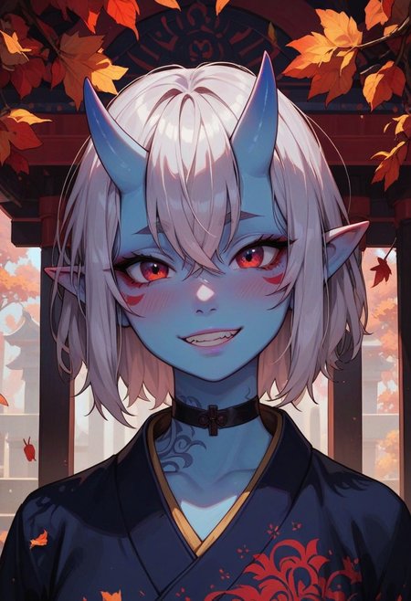 score_9, score_8_up, score_7_up, score_6_up, 
1girl, 25 years old, perfect face, cute, petite,  
red eyes, close view, 
white hair, short hair, messy hair, crossed bangs, hair between eye, pointy ears, black choker, 
blue skin, oni, blue oni, facial tattoo, 
kimono, tattoos, Japanese architecture, temple, autumn,
blush, shy smile, 
portrait, face focus, detailed face,