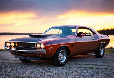 ClassicMuscleCar, gleaming Dodge Challenger, side view, scenic lakeside sunset, 4K, highly detailed, (((stylish grainy analog 35mm film photo)))
