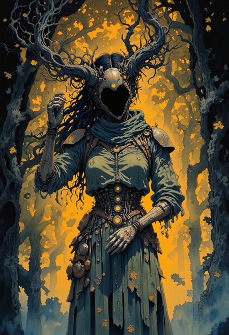 Studio Ghibli Dark Fairytale, intricate cyborg, Portrait of a female robotic entity with long, flowing hair made of twisted, gnarled branches, black hollow eerie head, no face, dark moody, eerie forest background, autumnal decay, golden leaves floating in the air,  
gothic steampunk influences, organic-mechanical fusion, glowing runes embedded in her wooden frame, delicate but unsettling presence, oil painting textures, cinematic lighting, deep shadows, warm but melancholic glow, mystery and sorrow intertwined