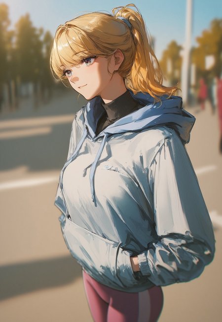 Score_9, score_8_up, score_7_up, score_6_up, score_5_up, score_4_up, 
((Best Quality)) (masterpiece) (details), shiny skin, 1girl, 
High ponytail, blonde hair, hoodie, leggings, outdoors, mature female, beautiful detailed face and eyes, cute face, bangs long bangs, sport wear, Art8st, color theory, medium length face framing layers with bangs, tight clothes, depth of field,