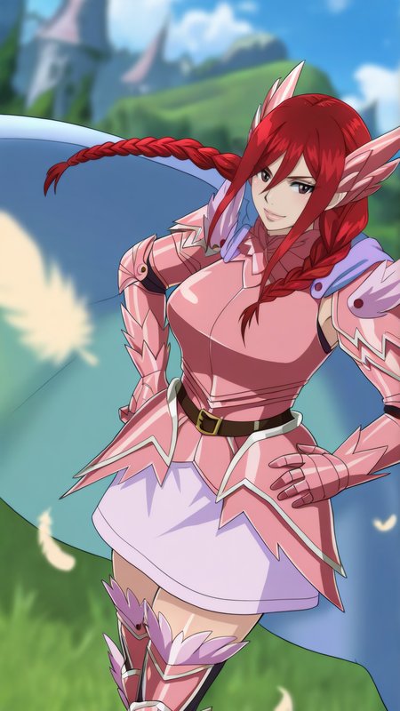 masterpiece, best quality, very aesthetic, absurdres, BREAK, 1girl, looking at viewer, cowboy shot, 
<lora:Armadura_Erza_Illu_Dwnsty:1>, erz_armadura, brown eyes, red hair, long hair, twin braids, hair between eyes, pink armor, gauntlets, breastplate, shoulder armor, white cape, zettai ryouiki, thigh boots, armored dress, feathers, belt, 
large breasts, lips, hands on own hips, light smile, 
outdoors, grass, nature, blue sky, cloud,
