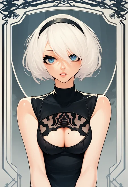 score_9, score_8_up, score_7_up, source_anime BREAK 1girl, solo, <lora:sachiko-artist-richy-v1_pdxl:1> white hair, 2b \(nier:automata\), blue eyes, parted lips, cleavage cutout, gloves, mole under mouth, black dress, hairband