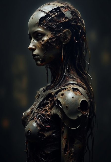 DarkAtmosCE style,
wired-female-cyborg Made intricate mechanical parts and wires | decaying flesh reconstructing in cyborg form | high-contrast palette, highly detailed, cinematic quality, modern art, timeless feeling || 
[
Rotting flesh in slow decay,
Flies and maggots find their way,
Balance of life in disarray,
Once a vessel of life,
Now holds the fading night,
Shattered dreams in endless flight,
Colors gone from dark to light,
Maggots swarm in sad parade,
Round the flesh where light has strayed,
Echoes of what once was made,
In the vessel where life decayed,
At the darkside of the moon,
In fact it is all dark]