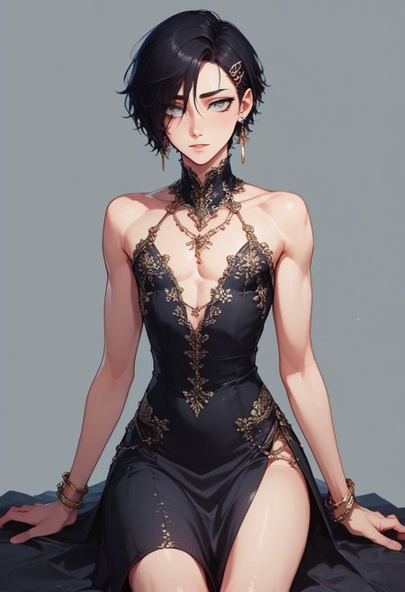 score_9, score_8_up, score_7_up, 1boy, femboy, otoko no ko, short hair, bob cut hair, black hair, grey eyes, gray eyes, feminine face, toned body, Shelly, 
lace ball gown, embroidered cutouts, earrings, bracelets, ornate hairclip, 
highly detailed, intricate, zzCitronCAT, curtsey, modelshoot, complex background