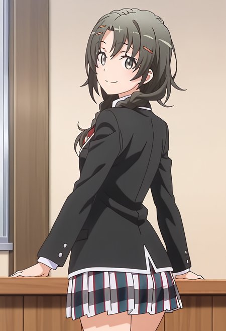 1girl, oregairumeguri, brown hair, long hair, twin braids, hairclip, black eyes, sobu high school uniform, blazer, plaid skirt, pleated skirt, smile, looking at viewer, cute, from behind, season3art, <lora:Meguri_ill_v1:1>, masterpiece, best quality, high quality, detailed, absurdres