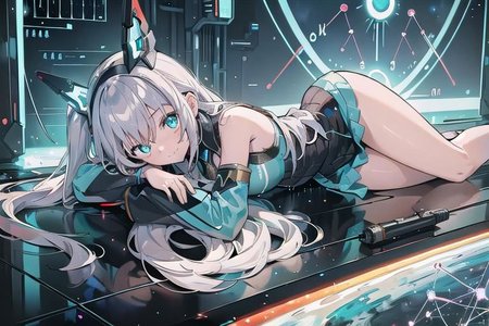 (masterpiece), (science fiction:1.4), 1girl, lying on the back on a mirror, lying on the back on a mirror, lying on the back on a mirror, smile, silver hair, aqua eyes, headgear, long sleeves, detached sleeves, glowing energy clothing, light particles, energy particles, perfect hands, perfect legs