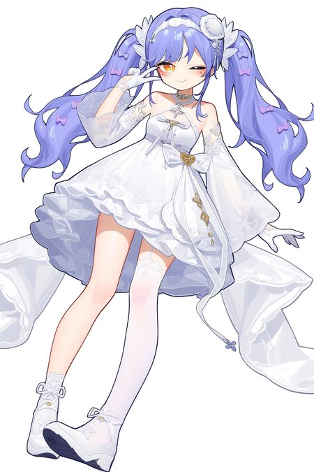 1girl,,diezi,single thighhigh,white dress,blue hair,white footwear,twintails,detached sleeves,gloves,see-through,halter dress,
((tianliang duohe fangdongye)),(qizhu:0.9),
year_2023,foreshortening,highres,high definition,absurdres,amazing quality,best quality,masterpiece,very aesthetic,masterpiece,simple background,blush,v,one eye closed,smile,<lora:diezi_noob-000021:1>