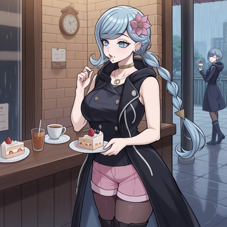 masterpiece, best quality, absurdres, very aesthetic, 1girl, fubuki_clockford, hair ornament, blue hair, blue eyes, hooded coat,chin piercing, pink shorts, pantyhose, braid, sleeveless coat, clock, flower, boots,1girl, outdoors, rain, cowboy_shot, chin piercing, eating cake, indoors, restaurant, fork, plate,
