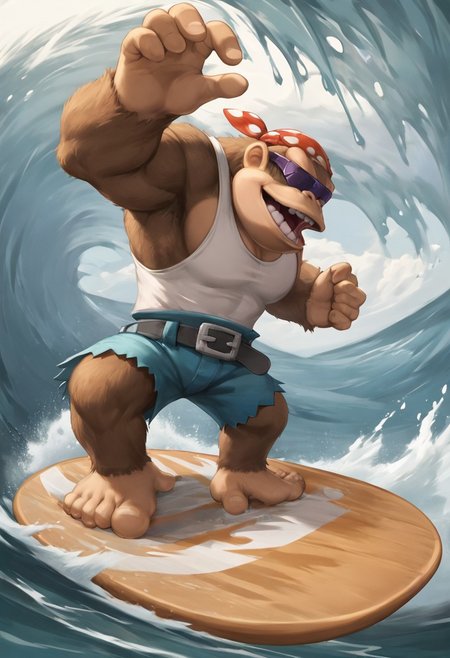 SFW, rating_all, score_10, score_8_up, score_7_up, beautiful, realistic, detailed, perfect, quality, vector, flat colors, masterpiece, dynamic, dynamic pose, funky_kong, gorilla, brown fur, furry arm, furry legs, five fingers, four toes, white tank top, belt, denim shorts, insane detailed, (dynamic pose), (extreme angle), incrssurfing, surfing, (surfboard:0.8)