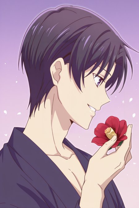 <lora:FruitsBasket:1>, FruitsBasket, 1boy, flower, male focus, solo, camellia, japanese clothes, smile, kimono, profile, purple hair, holding, upper body, black hair, red flower, collarbone, purple background, purple eyes, hand up, short hair, grin