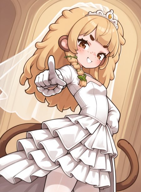 1girl, solo,  <lora:BananaJuju:0.8> bananajuju, blonde hair, brown eyes, freckles, monkey tail,
wedding dress, long sleeves, layered skirt, white pantyhose, veil, gloves, tiara, upper body, hand on own hip, perspective, pointing at viewer, dynamic angle, from side, assertive expression,
 <lora:qtkat:1> qtkat, extremely detailed, highres, masterpiece, best quality