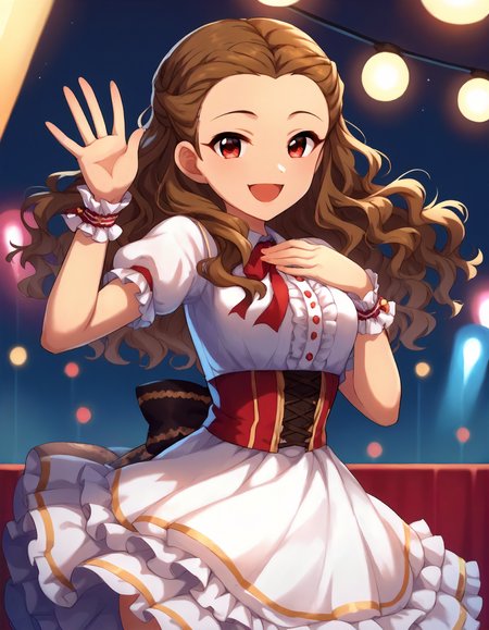 score_9,score_8_up,score_7_up,1girl,solo,cowboy shot,looking at viewer,smile,open mouth,waving,hand on own chest,stage lights
<lora:sekihiromi_ponyXLV6:0.8>,cgskh,
brown hair,long hair,wavy hair,forehead,red eyes,
frilled dress,,puffy short sleeves,wrist cuffs