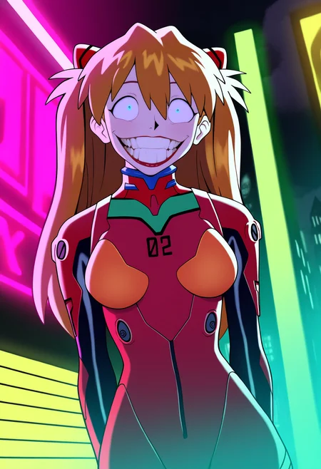 best quality, amazing quality, very aesthetic, absurdres,
jokerized, smile, grin, teeth, red lips, constricted pupils, crazy eyes,
1girl, asuka langley, red plugsuit, standing, smug, looking at viewer, futuristic background, neon light , buildings, night,  <lora:JokerizedNoobXL_byKonan:1>