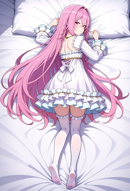 masterpiece,best quality,amazing quality,very aesthetic,absurdres,newest, huge filesize,
<lora:spo_sdxl_10ep_4k-data_lora_webui:0.5>,
<lora:add-detail-xl:1>
<lora:Dakimakura_IL_v1:1> dakimakura,  front view, back view,full body, looking back, 
BREAK
aishia, very_long_hair, pink_hair, hair_between_eyes, hair_intakes, purple_eyes, pink_eyes, frilled_dress, long_sleeves, frills, by_nekoi_(nekoi_0116), flat_chest, jewelry, toes, 1girl, feet, thighhighs, necklace, backless_outfit, soles, looking_back, solo, looking_at_viewer,exhausted, dakimakura