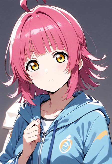 score_9, score_8_up, score_7_up, source_anime,BREAK
1girl,
<lora:Hyper-SDXL-8steps-lora:1>
<lora:StS_age_slider_v1_initial_release:1> 
<lora:SDXL_rina_pony721:1> rina
love live! nijigasaki high school idol club, 
tennouji rina, solo, pink hair, ahoge, looking at viewer, bangs, yellow eyes, short hair, simple background,  blunt bangs, 
blunt ends, white background, expressionless, closed mouth, grey background