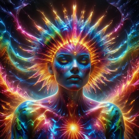 a full body fire entity girl with multicolored flames, purple and blue lights, green and blue flames, pink energy electric eyes, professional photography of an fantastical creature, young woman, shaved head Finely detailed, in a solarpunk environment, looking at viewer, solo, headwear removed, realistic, night blue sky, own hands, spooky makeup, entirely made of stars and galaxies, cyber light trails with whimsical elements, swirling magic, eerie fairytale landscape, elaborate fantasy style art, very colorful, intricate details, ultra sharp, exquisite detail, flawless composition, vivid colors, masterpiece, exciting background, psychedelicai, made out of,colorful,liquid,Murano Art Glass, GlowingInk, mad-glowtiedye, glowneon, glowing, sparks, lightning