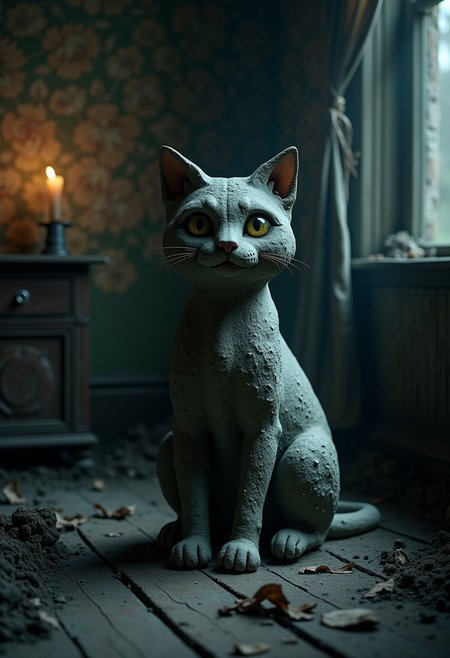 a realistic rock shaped like a cat is placed in a dark, eerie environment. The stone cat stands in the center, its figure casting long, unsettling shadows in the dim light. The rock is smooth and weathered, with its feline features—its round, almost lifelike eyes, sharp pointed ears, and subtly defined whiskers—glowing faintly in the low light, giving it an unnatural, haunting quality. The texture of the stone appears rough in places, cracked and jagged, as though it’s been scarred by some ancient, malevolent force.
Surrounding the rock, the atmosphere is thick with gloom and decay. The walls are covered with peeling, damp wallpaper, and the air seems heavy, as though something sinister lingers in the shadows. Faint, flickering candlelight casts an eerie glow on the stone cat, highlighting its strange, lifelike features while leaving other parts of the room submerged in near-total darkness.  the floor is covered in dust and cobwebs, with old furniture barely visible, its outlines shrouded in gloom.
The cat’s eyes—though made of stone—seem to have a depth to them that draws you in