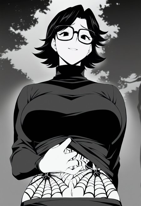 masterpiece, best quality, <lora:age_slider_v4:4>,detailed_background,outdoors,breasts,glasses,shirt lift,solo,black hair,sweater,tattoo,monochrome,1girl,stomach tattoo,turtleneck,spider tattoo,black-framed eyewear,furrowed brow,large breasts,smile,cowboy shot,podrace explode,shizuku murasaki,looking down,eyelashes,hunter x hunter,turtleneck sweater,short hair,navel,open mouth,black sweater,highres,long sleeves,clothes lift,looking at self