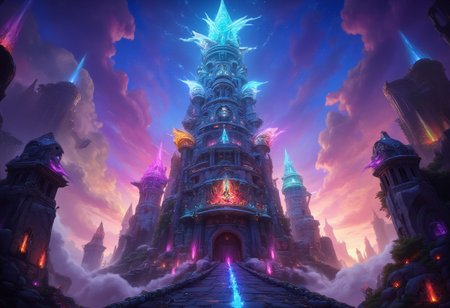 Looking up from below, a majestic mage’s tower soars into a vibrant, twilight sky, its ancient stones glowing with enchantments. The tower is adorned with intricate carvings, spiraling staircases, and shimmering runes that pulse with faint, colorful light. Windows dot the tower at varying heights, each with a warm, magical glow emanating from within, hinting at powerful spells and ancient knowledge hidden inside. Wisps of ethereal mist wrap around the base, while vivid, crystalline spires crown the top, casting prismatic colors across the sky. Surrounding the tower, enchanted flora and mystical statues guard its base, adding an air of timeless wonder. The scene captures stunning detail and vivid colors, each element crafted with the finest detail to create an atmosphere of awe and mystique