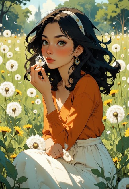 Anime art. Closeup. Scene of a girl sitting in a field of white and yellow flowers. Pretty 20 year old Egyptian girl with long black hair, and olive skin. She has a round face and very light brown eyes. She is wearing a vibrant orange top and white skirt. She is holding a dandelion up to her face. Her full lips are puckered into a circle as she blows away the dandelion petals, which are scattering in the wind. It is mid day but slightly overcast. A lush green field spotted with white and yellow dandelions comprises the background. The stiff breeze is catching her hair. The mood is serene and playful. Perfect hand.  Highest quality, best quality, masterpiece.